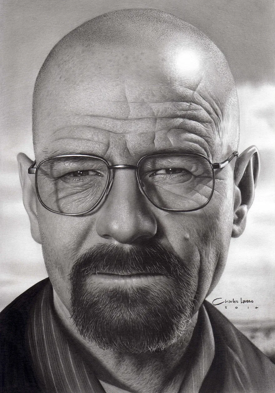 Retrato realista de Walter White feito a lápis, exemplo do que dá para alcançar treinando os fundamentos
