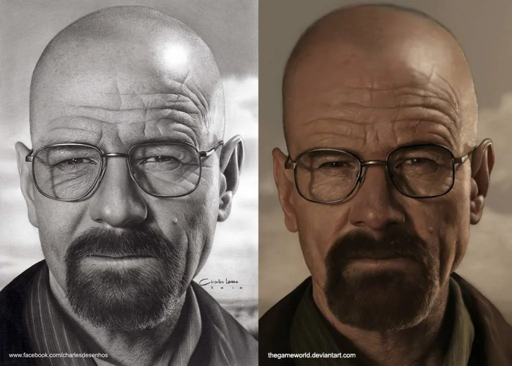 Comparação entre um desenho realista a grafite e uma pintura digital com abordagem realista