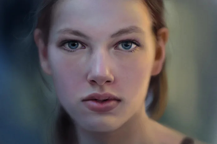 Estudo digital de retrato realista com foco em iluminação e textura de pele