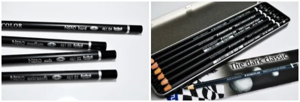Diferentes lápis para tons escuros: Nero, Mars Lumograph Black, Pierre Noire